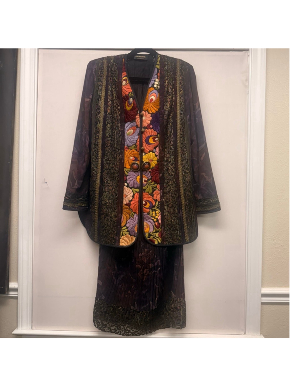 Women's Vintage KANEKO Purple Gold Floral Wearable Art top and skirt M/L